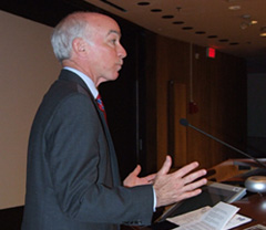 Photo of U.S. Rep. Joe Courtney emphasizes the importance of investment in research and public health initiatives at the Healthy Aging and Work forum June 7 in Keller Auditorium.
