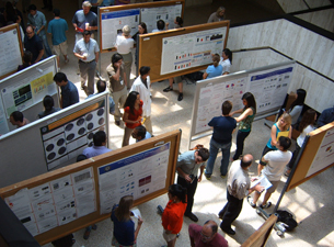 Photo of poster presentations displayed in the academic lobby