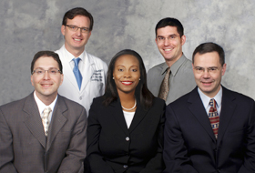 Front row, from left, Drs. Erick Avelar, Anjanette Ferris Senatus, and Heiko Schmitt, and, back row from left, Drs. Christopher Pickett and Jason Ryan, have recently joined the Calhoun Cardiology Center.