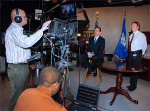 Governor-elect Dan Malloy records a video message with Bill Hengstenberg supervising, Ron Collins running the teleprompter and Frank Barton behind the camera
