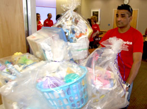 Photo of a cart loaded with gift baskets