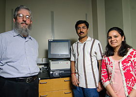 Photo of Professor Rusling, Bhaskara Chikkaveeraiah, and Ruchika Malhotra