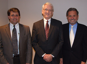 Dr. Thomas Agresta, Department of Family Medicine director of biomedical informatics (left), and Dr. William Knaus, CICATS director of biomedical informatics (right), brought Dr. Ted Shortliffe, informatics expert (center), to Connecticut to speak at seminars in Farmington and Storrs.