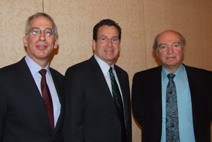 Paul Pescatello, President and CEO of CURE, Gov. Dannel Malloy, Marc Lalande, director of UConn's Stem Cell Institute.