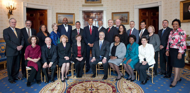 Photo of President Barack Obama posing with the math, science and engineering mentors awarded the Presidential Award for Excellence in Science, Mathematics and Engineering Mentoring